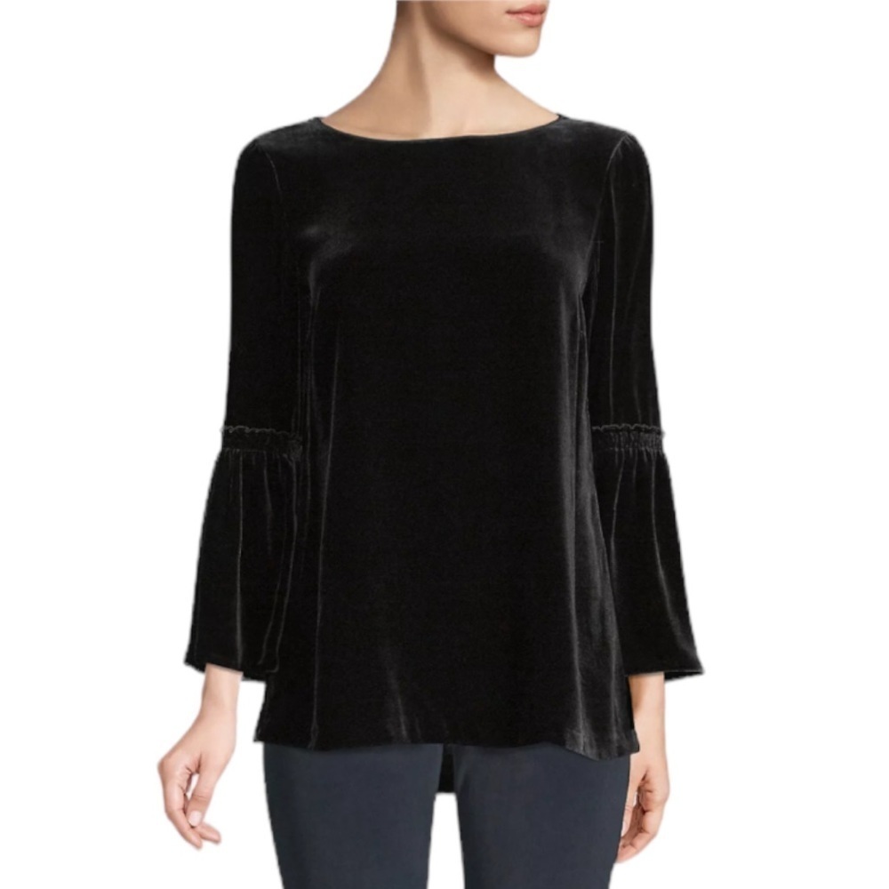 LAFAYETTE 148 Roslin Black Velvet Bell Sleeve Top Boatneck Blouse Holiday Medium